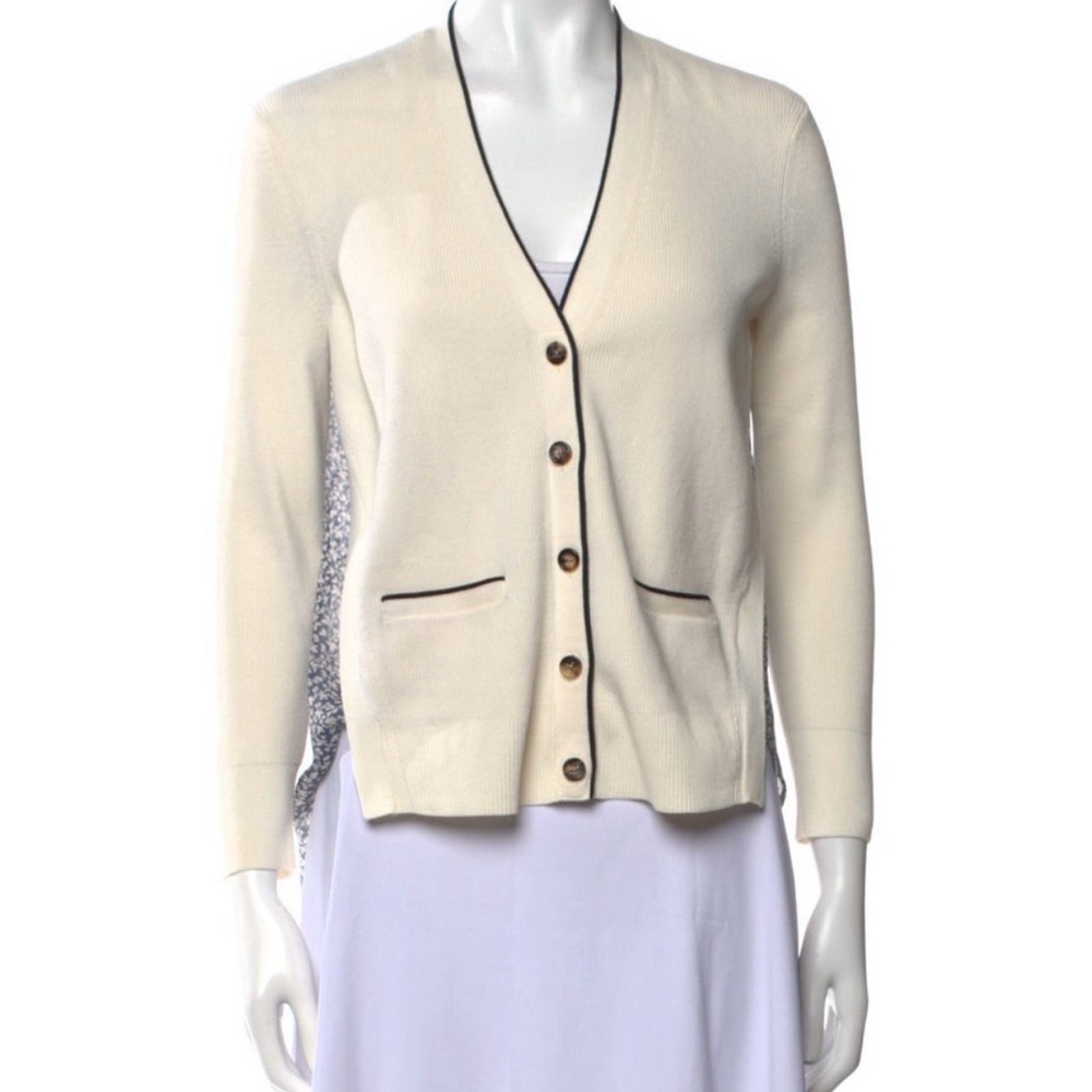 Veronica Beard Cream V-Neck Cardigan with Contrast Trim